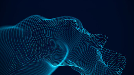 Background with moving luminous particles. Abstract background. Big data. Connecting dots and lines on a dark background. 3d.