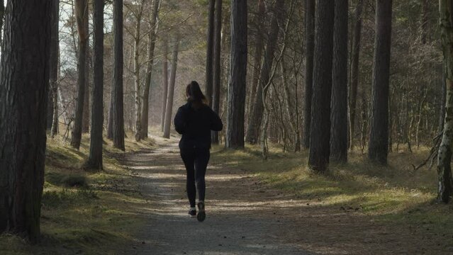 Fitness healthy jogger woman runs along forrest trail away from the camera towards background. Fit young woman with high tempo speed when running in the shade of trees on a sunny warm summer day.