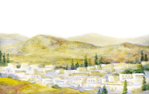 Watercolor landscape. Old city in a valley between the mountains