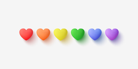 3d hearts with Rainbow colors. LGBT Pride Month vector background. 
