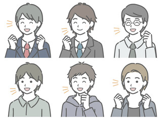 喜ぶ若い男性の斜め向き上半身セット