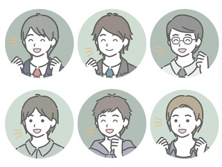 喜ぶ若い男性の斜め向き丸アイコンセット