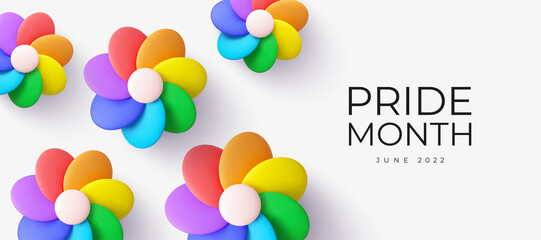 3d flowers with Rainbow colors. LGBT Pride Month vector background. 
