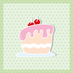 Colorful birthday cake with cherries. Hand drawn outline illustration using doodle art