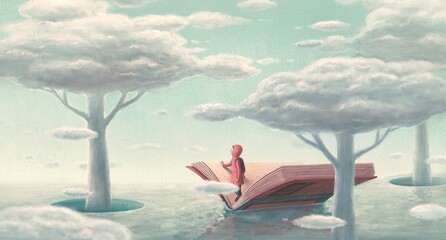 Book of Imagination and a boy. Fantasy art. Concept idea of education, kid, child dream, inspiration, creative, edventure and lerning. Conceptual 3d illustration. Surreal painting.  © Jorm Sangsorn