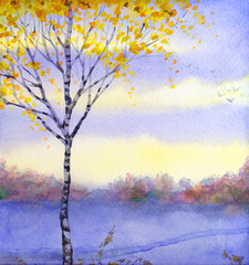 Watercolor landscape. Birch in the winter field