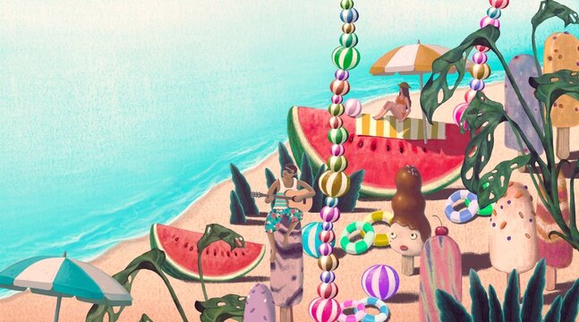 Summer time on beach. Concept idea art of sea, outdoor, and travel. Surreal painting. 3d illustration. conceptual artwork.