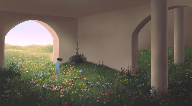 A lonely woman in a room of meadow. Concept idea of inspiration, way, change, choice, happiness, hope, freedom, and life. surreal artwork. conceptual 3d illustration. mystery painting.