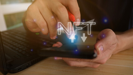 NFT irreplaceable online data transmission concept. Businessman touches NFT holograms. Unique art on digital binary background.