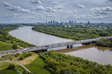 Drone aerial photo of Bridge of General Stefan Grot Rowecki in Warsaw city, Poland