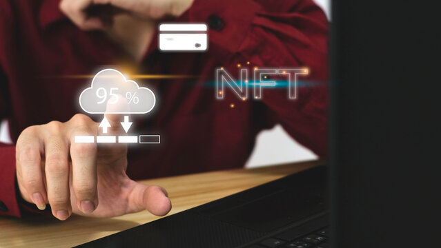 NFT irreplaceable token financial transaction concept. Businessman touches NFT holograms. Unique art on digital binary background.