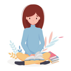 The girl reads a book in the lotus position. Vector illustration in a flat style.
