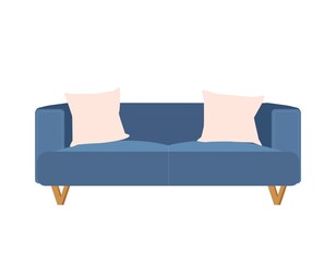 Blue sofa with pillows, front view. Furniture element for interior design. vector illustration in flat style