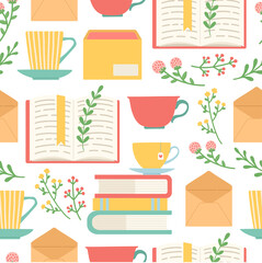 Book, cup, envelope and flower seamless pattern