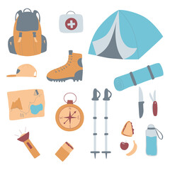Hiking stuff set vector illustration. Camping and trekking equipment. Outdoor activity accessories.