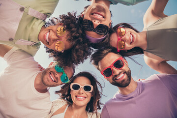 Low angle view photo of glad best friends cuddle take portrait wear sunglass casual clothes nature...