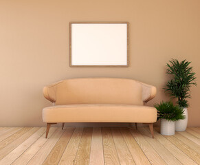 Horizontal wooden frame mockup in  living room interior with large beige sofa with wooden legs and neutral background beside a white pot plant set on a lineal wooden floor. Illustration, 3d rendering