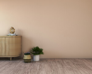 Wall mockup in living room or bedroom interior with wooden and curved sideboard, trendy green plant in basket and wicker lantern on empty white background. Illustration, 3D rendering
 
 