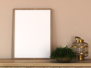 Vertical wooden frame on a light wooden console or sideboard with golden pot plant and lantern. Minimalism style. Close up view. 3d rendering. Illustration