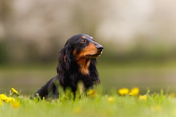 Dachshund dog sitting in dandelions