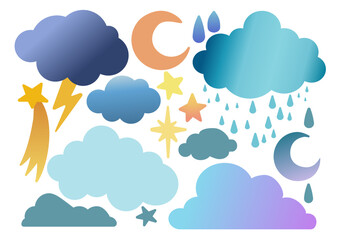Hand Drawing Vector set of Weather Phenomena and Objects: Moon, Stars, Clouds, Thunder and Rain. Simple gradient vector illustration. Icon collection. Use for design, print, stickers.