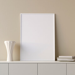 Modern and minimalist vertical white poster or photo frame mockup on the table in the living room. 3d rendering.