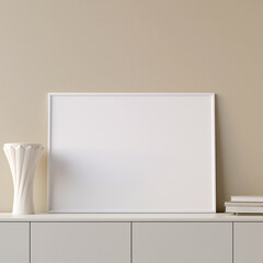 Modern and minimalist horizontal white poster or photo frame mockup on the table in the living room. 3d rendering.