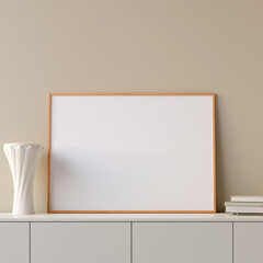 Modern and minimalist horizontal wooden poster or photo frame mockup on the table in the living room. 3d rendering.
