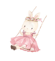 Watercolor bunny on the swing illustration for kids