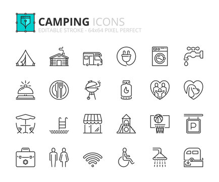 Simple set of outline icons camping services