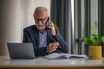Confident entrepreneur talking on mobile phone while using laptop at office desk