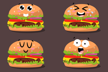 Cartoon drawing set of fast food emoji. Beef Burger icon with kawaii eyes. Vector Fast food illustration flat icon juicy delicious hamburger isolated. Hand drawn emotional meal 