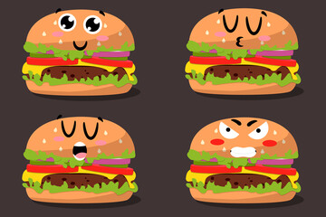 Cartoon drawing set of fast food emoji. Beef Burger icon with kawaii eyes. Vector Fast food illustration flat icon juicy delicious hamburger isolated. Hand drawn emotional meal 