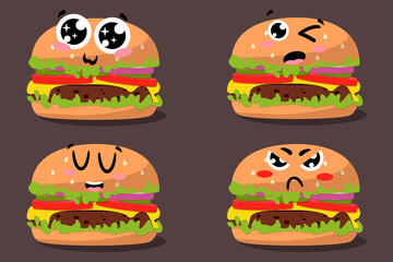 Cartoon drawing set of fast food emoji. Beef Burger icon with kawaii eyes. Vector Fast food illustration flat icon juicy delicious hamburger isolated. Hand drawn emotional meal 
