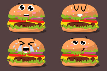 Cartoon drawing set of fast food emoji. Beef Burger icon with kawaii eyes. Vector Fast food illustration flat icon juicy delicious hamburger isolated. Hand drawn emotional meal 