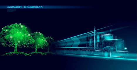 Biofuel truck. Ecology science chemistry biotechnology eco concept. Renewable biorefinery organic gas 3D render polygonal innovation technology vector illustration