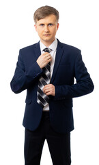 business, people and office concept. A man in a dark gray suit, white shirt, tie looks at the camera and smiles. Handsome, fashionable portrait of a man. isolated. White background