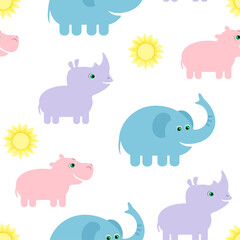 Childish background with cartoon elephants, hippos, rhinos and sun on white. Vector seamless pattern with cute African animals.