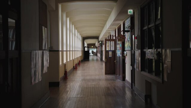 Long Hallway in Japanese Old Elementary School, Toyosato Japan