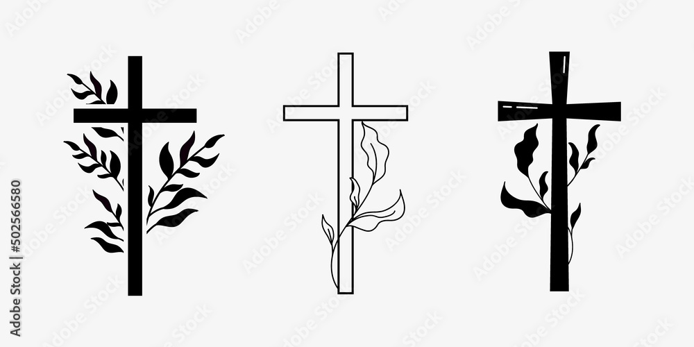 Wall mural cross religious funeral design with branches. vector illustration in black and white