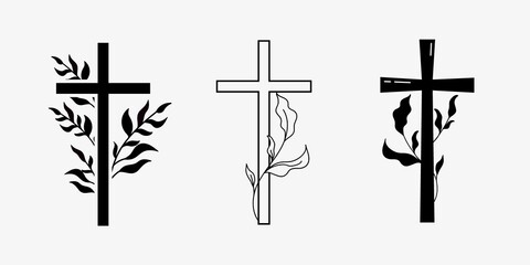 Cross religious Funeral design with branches. Vector illustration in black and white