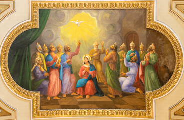 VALENCIA, SPAIN - FEBRUAR 17, 2022: The fresco of Pentecost in the church Iglesia del Santo Angel...