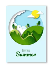 Foto op Plexiglas Beautiful summer card with green landscape in paper cutout style © Stani's design 