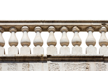 Close-up of a white balustrade made in marble and stone isolated on white background and copy space. Brescia downtown, Lombardy, Italy, Europe. 