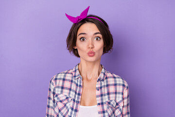 Photo of good looking stunning female pout lips kiss you girlfriend on date feeling isolated on purple color background