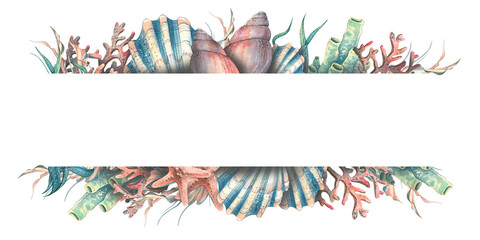 Watercolor illustration of a horizontal banner with shells, corals, seahorse, starfish, algae. For the design and decoration of postcards, posters, banners, spas, wallpapers. © NATASHA-CHU
