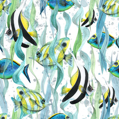 watercolor illustration of tropical coral fish in algae thickets with splashes and bubbles. Bright seamless pattern. For textiles, fabric, print, wallpaper, scrap, paper, clothing. © NATASHA-CHU