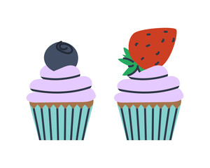Two strawberry and blueberry cupcakes with buttercream. Flat vector illustration. Eps10