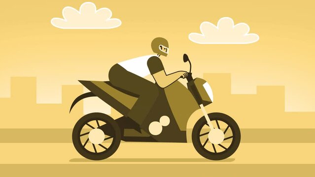 Yellow Style Man Flat Character Riding Motorcycle. Isolated Loop Animation with Alpha Channel