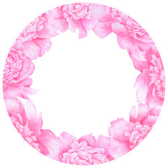 Round watercolor floral frame with pink peonies. Peony flower wreath for design